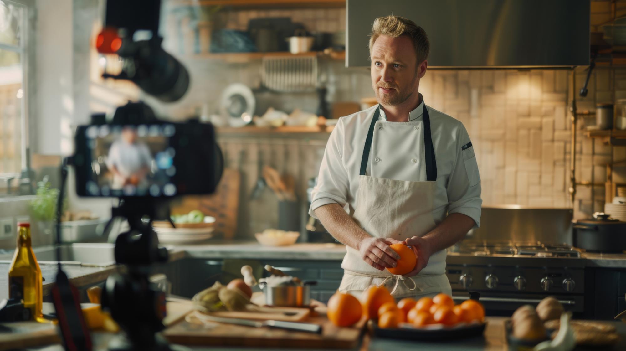 Ritratto del fondatore che cucina in una cucina professionale